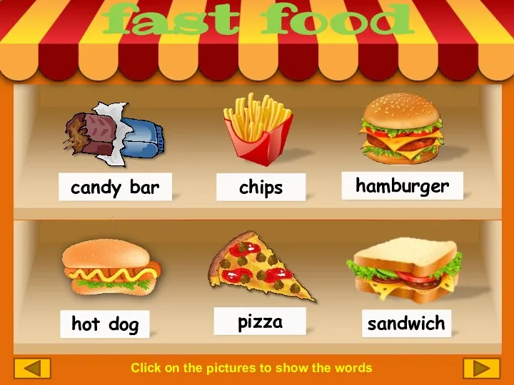 Click on the pictures to show the words hamburger sandwich