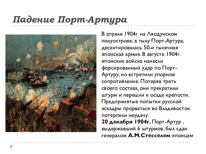 Падение Порт-Артура В апреле 1904г. на Ляодунском полуострове, в тылу Порт-Артура, десантировалась 50-и