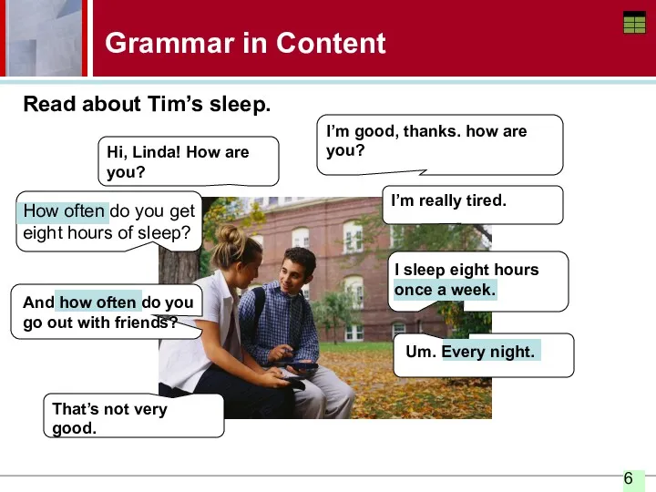 Hi, Linda! How are you? Grammar in Content Read about