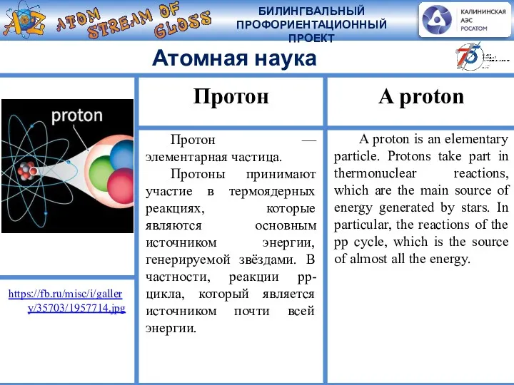 Протон — элементарная частица. Протоны принимают участие в термоядерных реакциях, которые являются основным