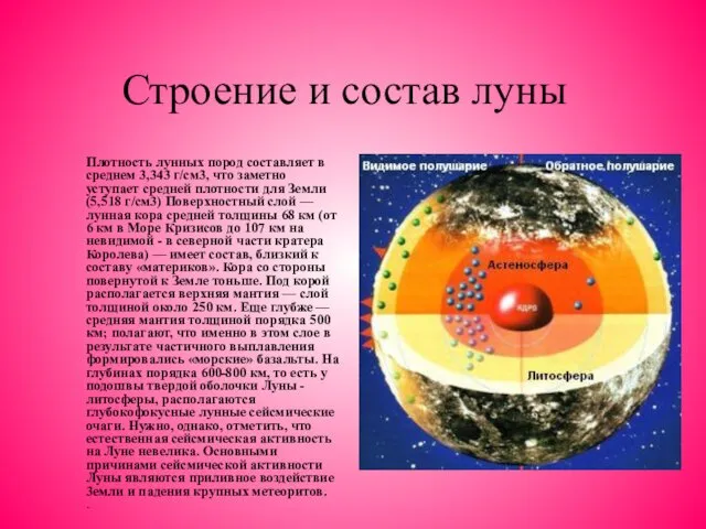 Строение и состав луны Плотность лунных пород составляет в среднем