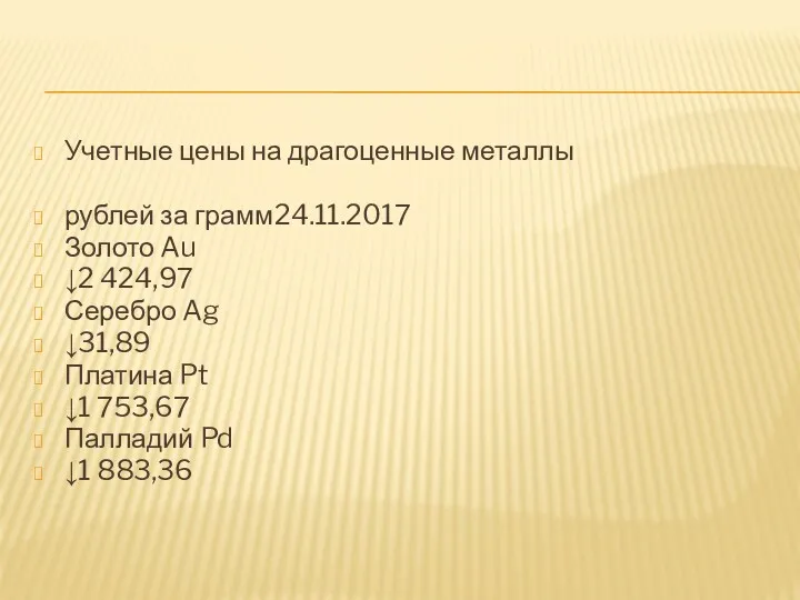 Учетные цены на драгоценные металлы рублей за грамм 24.11.2017 Золото Au ↓2 424,97