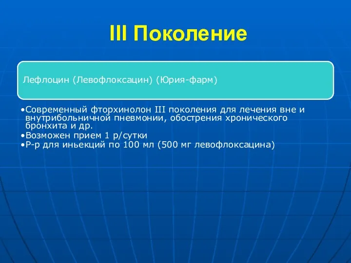 ІІІ Поколение Лефлоцин (Левофлоксацин) (Юрия-фарм) Современный фторхинолон ІІІ поколения для