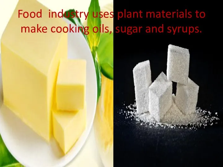 Food industry uses plant materials to make cooking oils, sugar and syrups.