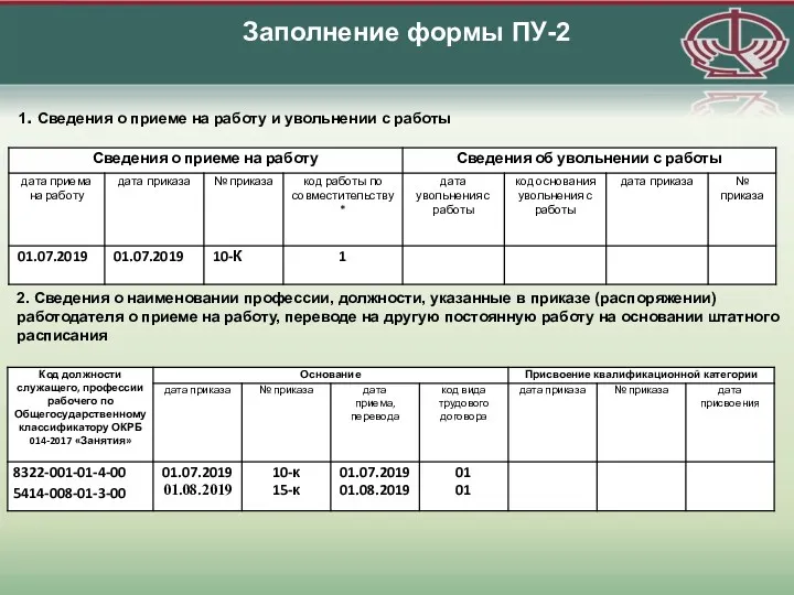 1. Сведения о приеме на работу и увольнении с работы