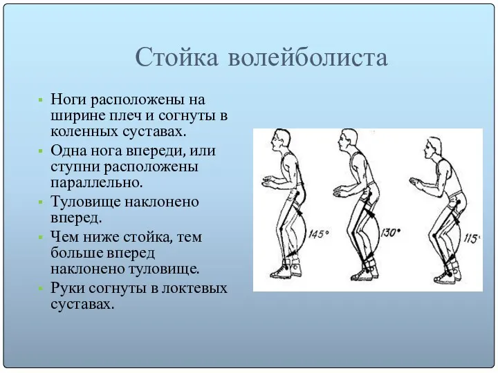 Стойка волейболиста Ноги расположены на ширине плеч и согнуты в