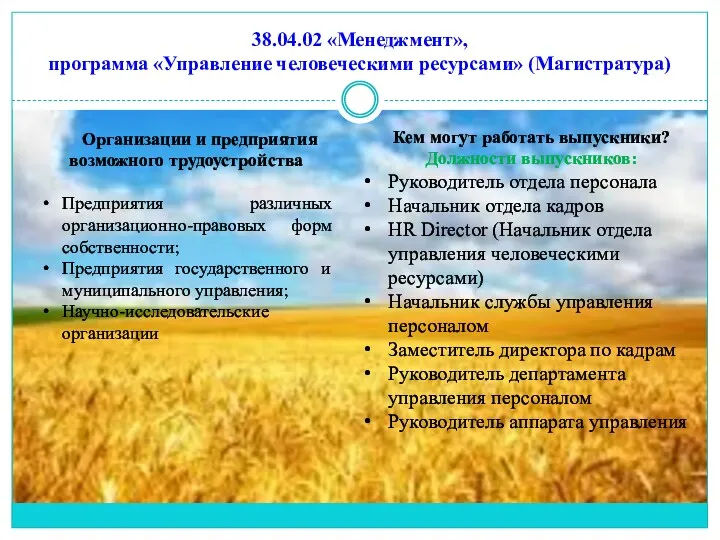 38.04.02 «Менеджмент», программа «Управление человеческими ресурсами» (Магистратура) Организации и предприятия