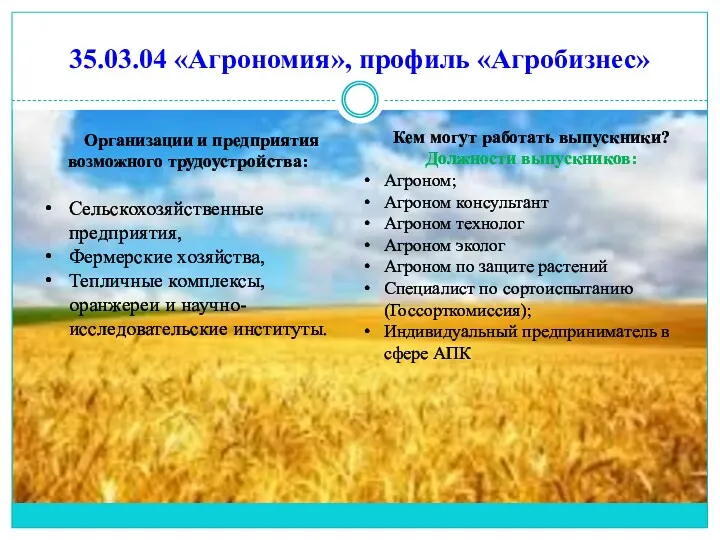 35.03.04 «Агрономия», профиль «Агробизнес» Организации и предприятия возможного трудоустройства: Сельскохозяйственные