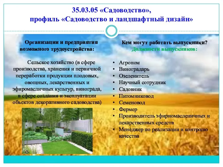 35.03.05 «Садоводство», профиль «Садоводство и ландшафтный дизайн» Организации и предприятия