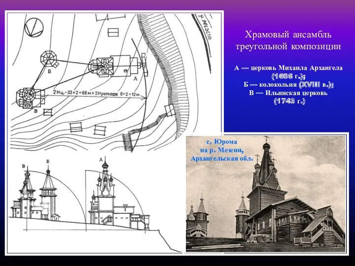 Храмовый ансамбль треугольной композиции А — церковь Михаила Архангела (1686 г.); Б —