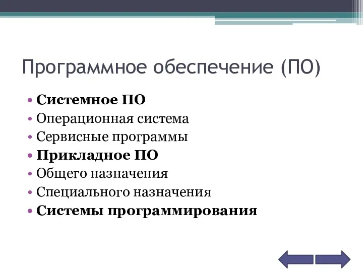 Программное обеспечение (ПО) Системное ПО Операционная система Сервисные программы Прикладное