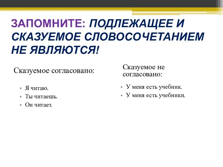 ЗАПОМНИТЕ: ПОДЛЕЖАЩЕЕ И СКАЗУЕМОЕ СЛОВОСОЧЕТАНИЕМ НЕ ЯВЛЯЮТСЯ! Я читаю. Ты