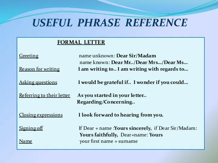 USEFUL PHRASE REFERENCE FORMAL LETTER Greeting name unknown: Dear Sir/Madam