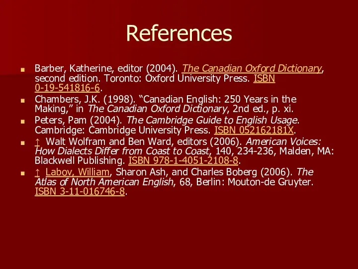 References Barber, Katherine, editor (2004). The Canadian Oxford Dictionary, second