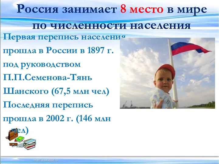 Россия занимает 8 место в мире по численности населения Первая перепись населения прошла