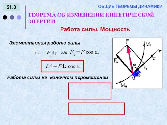 21.3 ТЕОРЕМА ОБ ИЗМЕНЕНИИ КИНЕТИЧЕСКОЙ ЭНЕРГИИ ОБЩИЕ ТЕОРЕМЫ ДИНАМИКИ Работа