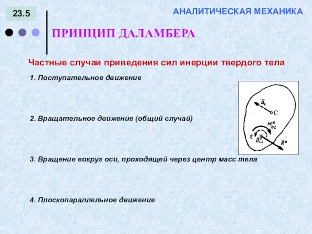 23.5 ПРИНЦИП ДАЛАМБЕРА АНАЛИТИЧЕСКАЯ МЕХАНИКА Частные случаи приведения сил инерции