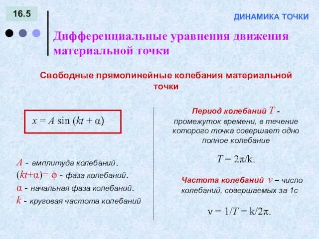 16.5 Дифференциальные уравнения движения материальной точки ДИНАМИКА ТОЧКИ Свободные прямолинейные