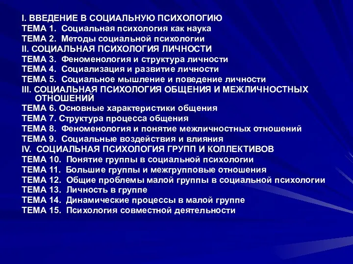 I. ВВЕДЕНИЕ В СОЦИАЛЬНУЮ ПСИХОЛОГИЮ ТЕМА 1. Социальная психология как наука ТЕМА 2.