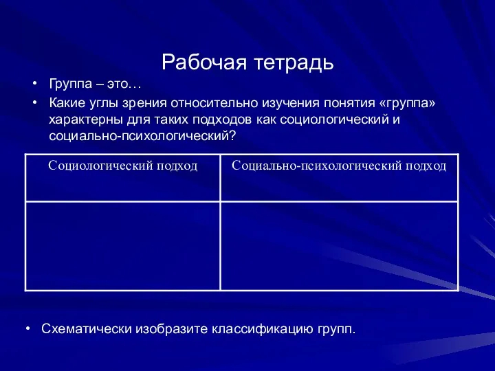 Рабочая тетрадь Группа – это… Какие углы зрения относительно изучения понятия «группа» характерны