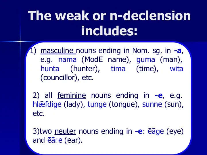 The weak or n-declension includes: masculine nouns ending in Nom.