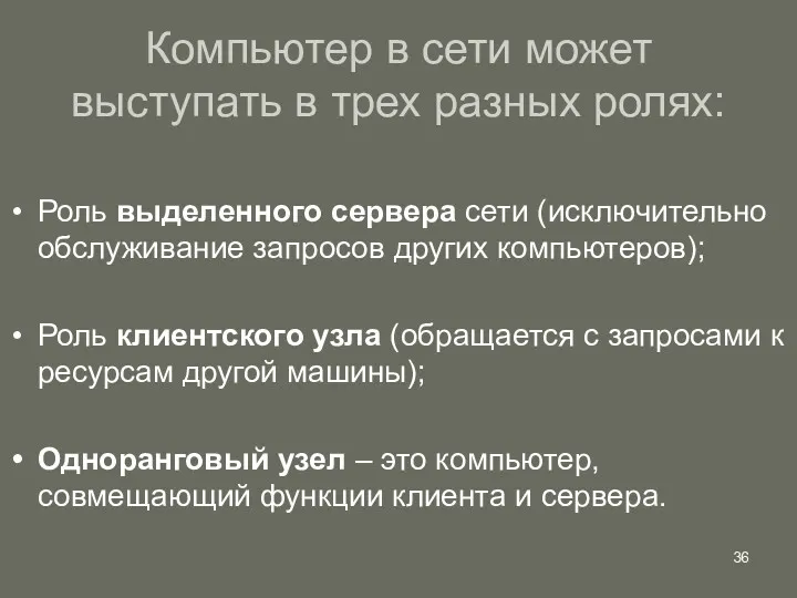 Компьютер в сети может выступать в трех разных ролях: Роль