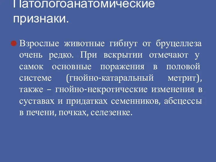 Взрослые животные гибнут от бруцеллеза очень редко. При вскрытии отмечают