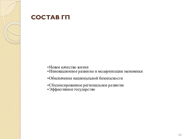 СОСТАВ ГП Новое качество жизни Инновационное развитие и модернизация экономики