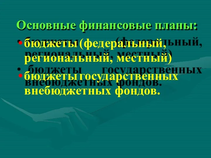 Основные финансовые планы: бюджеты (федеральный, региональный, местный) бюджеты государственных внебюджетных фондов.