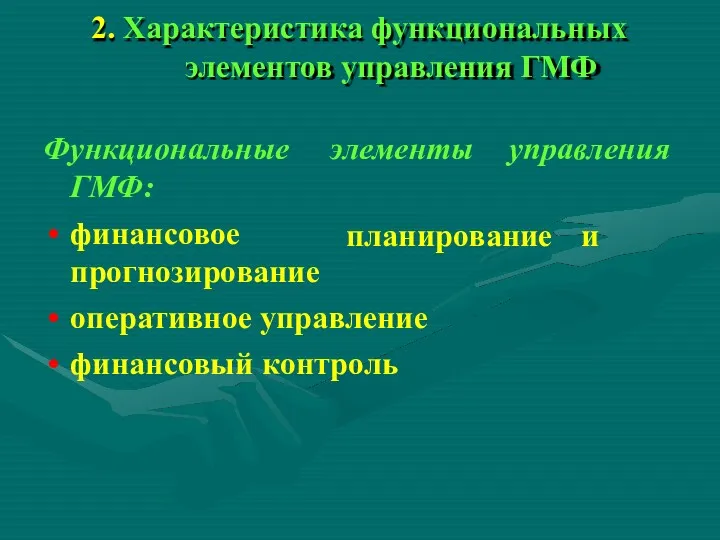 2. Характеристика функциональных элементов управления ГМФ элементы управления планирование и