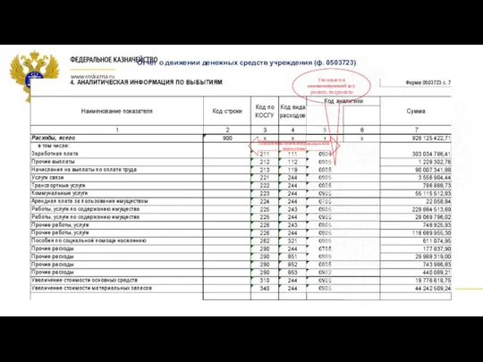 Отчет о движении денежных средств учреждения (ф. 0503723) Указывается соответствующий