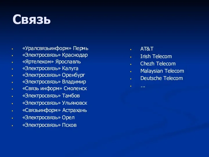 Связь «Уралсвязьинформ» Пермь «Электросвязь» Краснодар «Яртелеком» Ярославль «Электросвязь» Калуга «Электросвязь»