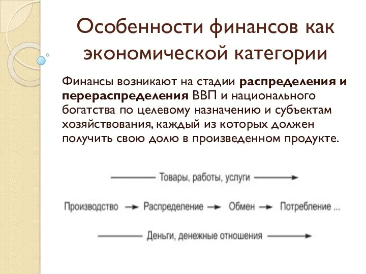 Особенности финансов как экономической категории Финансы возникают на стадии распределения