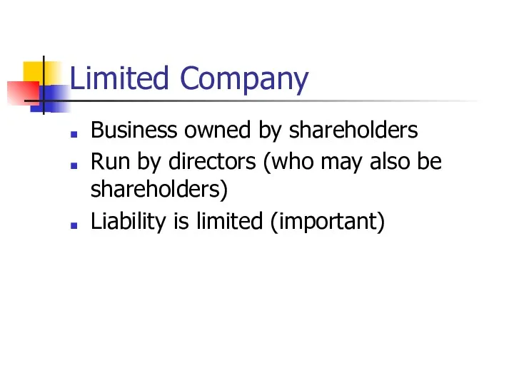 Limited Company Business owned by shareholders Run by directors (who