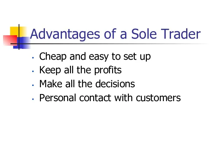 Advantages of a Sole Trader Cheap and easy to set