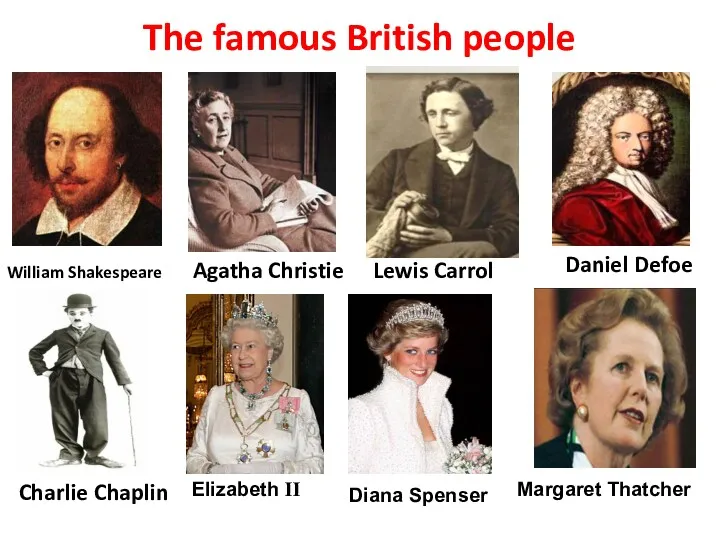 The famous British people William Shakespeare Agatha Christie Lewis Carrol Daniel Defoe Charlie