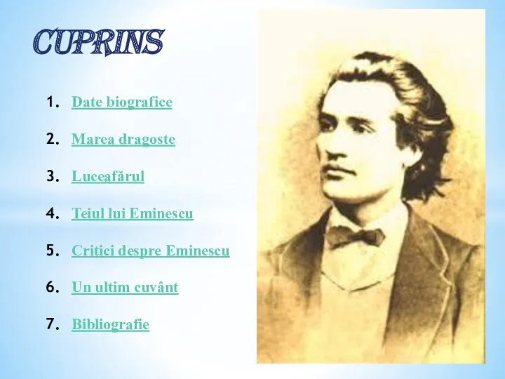 Cuprins Date biografice Marea dragoste Luceafărul Teiul lui Eminescu Critici despre Eminescu Un ultim cuvânt Bibliografie