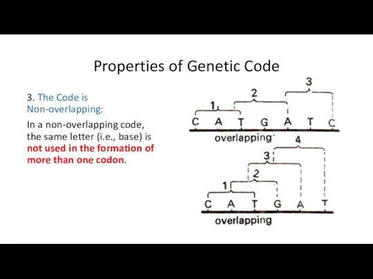 Properties of Genetic Code 3. The Code is Non-overlapping: In a non-overlapping code,