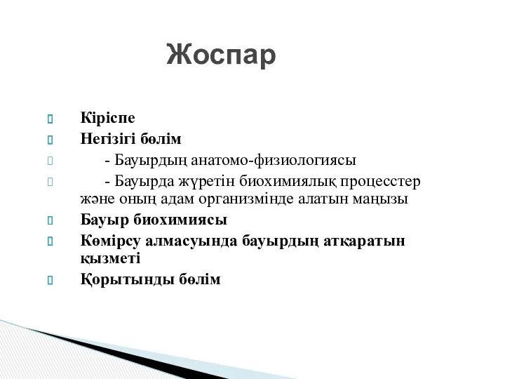 Жоспар Кіріспе Негізігі бөлім - Бауырдың анатомо-физиологиясы - Бауырда жүретін