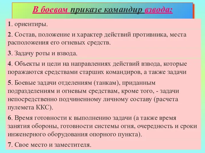 В боевом приказе командир взвода: указывает : 7. Свое место