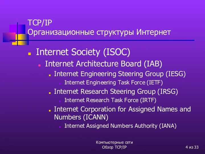 Компьютерные сети Обзор TCP/IP из 33 TCP/IP Организационные структуры Интернет