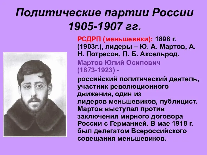 Политические партии России 1905-1907 гг. РСДРП (меньшевики): 1898 г. (1903г.),