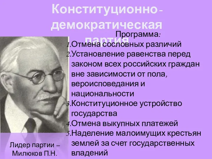 Конституционно-демократическая партия Программа: Отмена сословных различий Установление равенства перед законом