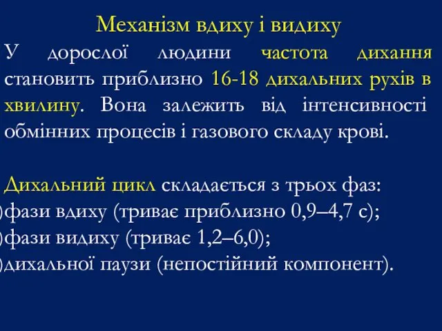 Механізм вдиху і видиху У дорослої людини частота дихання становить