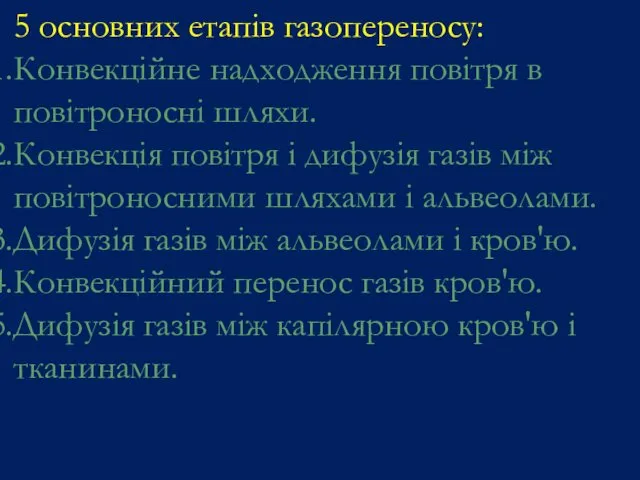 5 основних етапів газопереносу: Конвекційне надходження повітря в повітроносні шляхи.