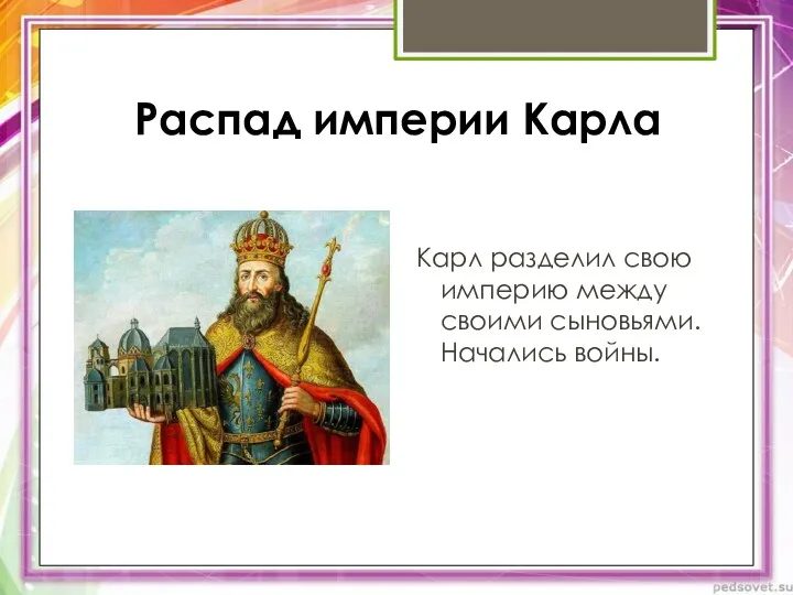 Распад империи Карла Карл разделил свою империю между своими сыновьями. Начались войны.