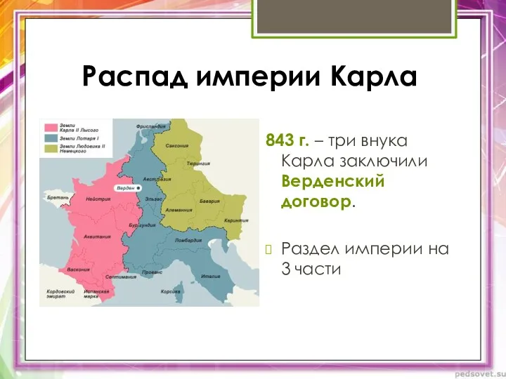 Распад империи Карла 843 г. – три внука Карла заключили