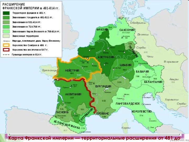 Карта Франкской империи — территориальные расширения от 481 до 814 г.