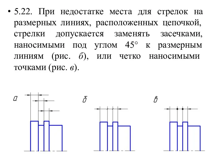 5.22. При недостатке места для стрелок на размерных линиях, расположенных