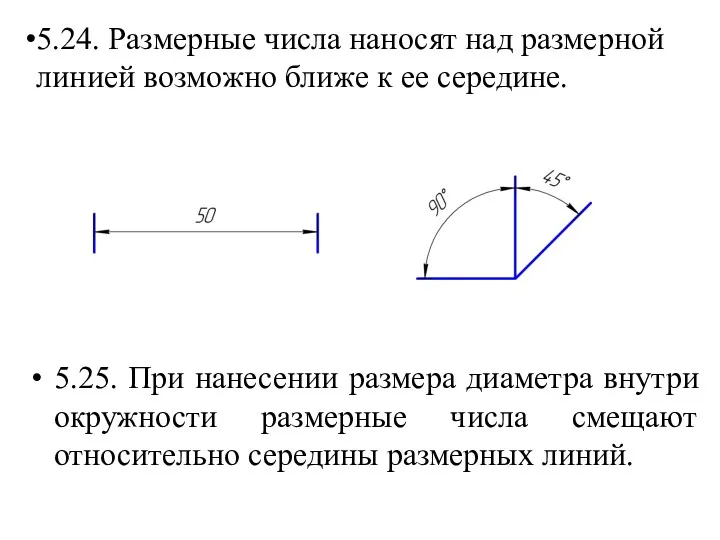 5.25. При нанесении размера диаметра внутри окружности размерные числа смещают